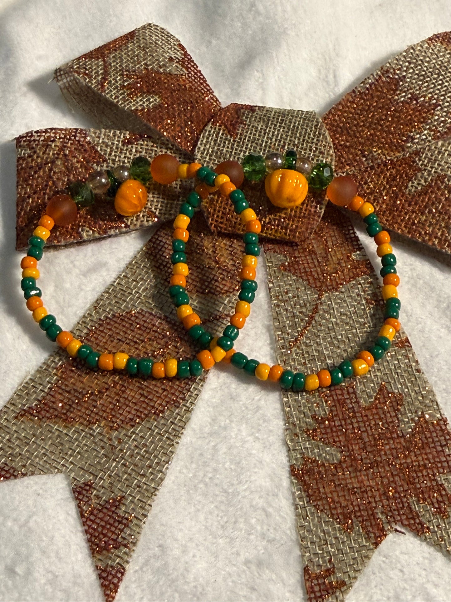 Fall green and orange seed beads brown beads bracelet