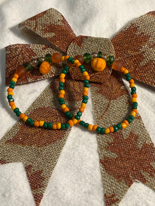 Fall green and orange seed beads brown beads bracelet